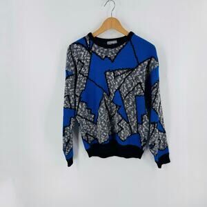 Vintage Adele Abstract Geometric Sweater Blue Black Gray 80s Acrylic Made in USA